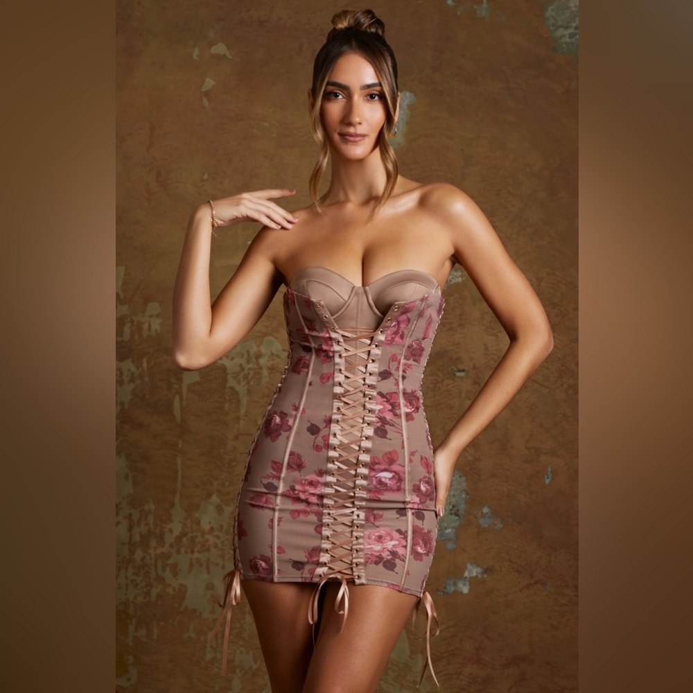 Oh Polly “Emira” Dress | Lace Up Corset Bandeau Micro Mini Dress in Beige Print